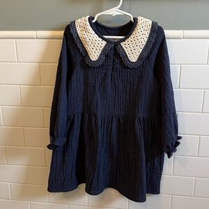 NWT Zara kids - navy blue Dress with Crochet Peter Pan Collar 6 years